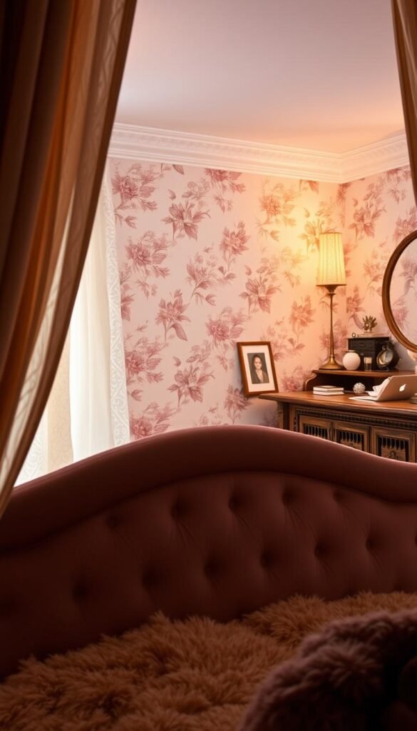 A cozy, well-appointed bedroom interior with lush, layered textures creating a visually rich and inviting ambiance. In the foreground, a plush, velvet upholstered headboard framed by intricately patterned curtains that softly drape from the ceiling. The middle ground features a delicate floral wallpaper with a subtle sheen, complemented by a fluffy, tufted area rug in a complementary palette. The background showcases a wooden dresser with a worn, weathered finish, its surface adorned with an array of decorative trinkets and personal accessories. Warm, indirect lighting casts a gentle glow, accentuating the depth and dimension of the varied textures. Overall, the scene conveys a sense of comfort, sophistication, and a touch of whimsy, perfectly suited for a young girl's bedroom. A cozy, well-appointed bedroom interior with lush, layered textures creating a visually rich and inviting ambiance. In the foreground, a plush, velvet upholstered headboard framed by intricately patterned curtains that softly drape from the ceiling. The middle ground features a delicate floral wallpaper with a subtle sheen, complemented by a fluffy, tufted area rug in a complementary palette. The background showcases a wooden dresser with a worn, weathered finish, its surface adorned with an array of decorative trinkets and personal accessories. Warm, indirect lighting casts a gentle glow, accentuating the depth and dimension of the varied textures. Overall, the scene conveys a sense of comfort, sophistication, and a touch of whimsy, perfectly suited for a young girl's bedroom.
