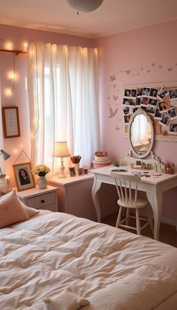 A cozy, well-appointed girls' bedroom, filled with personal touches that showcase her unique style and interests. In the foreground, a neatly made bed with plush, floral bedding and decorative pillows. On the nightstand, a framed photograph, a reading lamp, and a vase of fresh flowers. Across the room, a delicate, lace-trimmed vanity displaying an array of trinkets, perfumes, and makeup. The walls are adorned with string lights, fairy tale wall decals, and a corkboard showcasing polaroid snapshots and handwritten notes. Soft, natural lighting filters in through sheer curtains, creating a warm, inviting atmosphere. The overall aesthetic is a harmonious blend of femininity, individuality, and comfort.