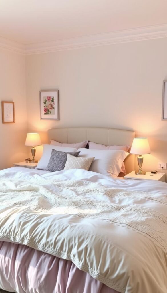 A cozy, well-appointed girl's bedroom with a plush, inviting bedding display taking center stage. The foreground features a large, lush bed layered with soft, pastel-colored sheets, plump pillows, and a delicate lace coverlet. Strategically placed decorative throw pillows in complementary hues add texture and visual interest. The middle ground showcases a pair of nightstands with simple, minimalist lamps casting a warm, ambient glow. In the background, a softly lit, airy space with pale walls, framed artwork, and a hint of decorative accents creates a serene, feminine atmosphere. Lighting is natural and diffused, with a sense of calm and coziness permeating the scene.