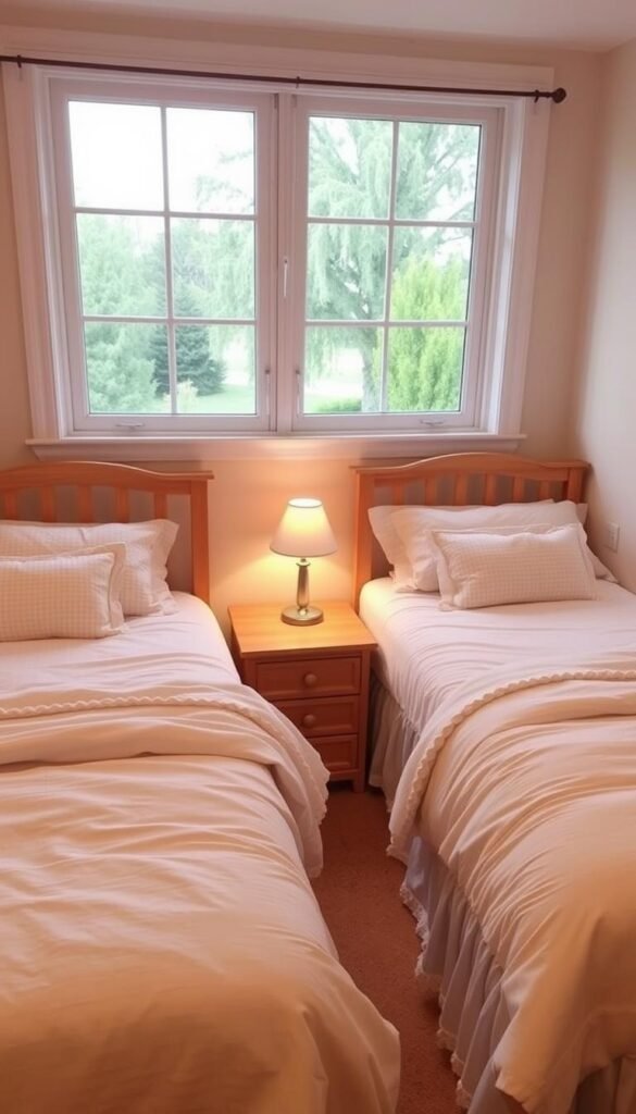 A cozy, well-appointed shared girls' bedroom with two twin beds, each dressed in soft, pastel-colored bedding sets. The foreground features tidy, coordinated bedding in a floral or gingham print, complemented by plush pillows and a delicate lace or ruffle trim. The middle ground showcases wooden nightstands with simple table lamps, adding a warm, inviting glow. In the background, a large window floods the space with natural light, creating a serene and tranquil atmosphere. The overall scene conveys a sense of practicality and style, perfectly suited for a shared sisters' room.