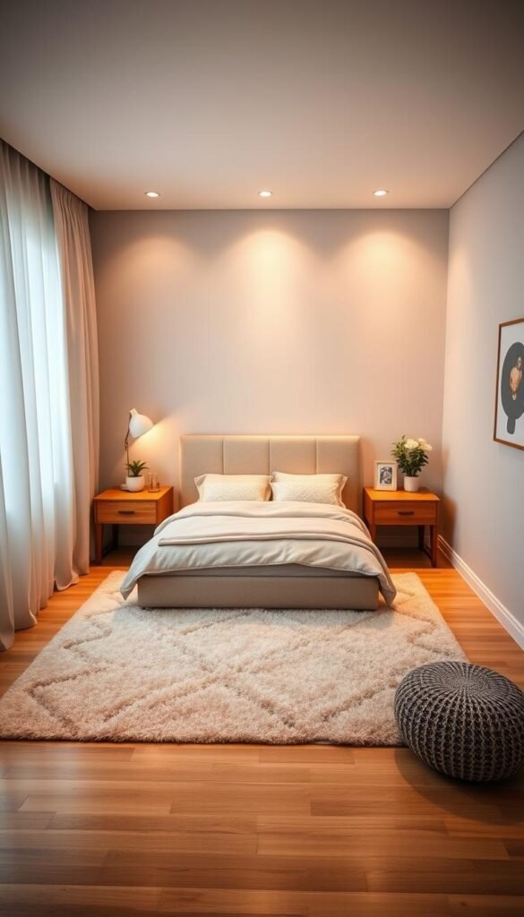 A cozy, well-designed bedroom with a smart, contemporary bed layout. The bed sits prominently in the center, framed by tasteful wooden nightstands and soft, flowing curtains that gently filter the natural light. Subtle, ambient lighting creates a warm, inviting atmosphere, while a plush area rug and carefully selected decor elements like a potted plant and framed artwork complete the harmonious, stylish scene. The layout is both functional and visually appealing, showcasing the perfect balance of form and function for a girls' bedroom.