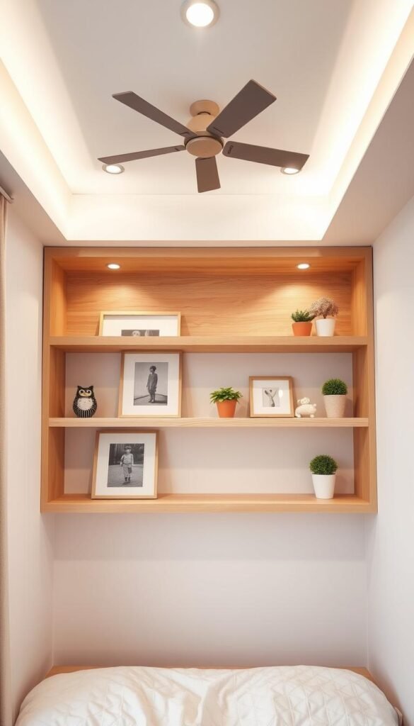 A cozy, well-designed girl's bedroom with a harmonious floating shelf arrangement. The shelves are made of wood with a light, natural finish, complementing the soft, pastel-colored walls. Carefully curated decor items adorn the shelves, including framed artwork, potted plants, and delicate figurines. Gentle, diffused lighting from ceiling-mounted fixtures creates a warm, inviting ambiance, highlighting the textured elements and creating shadows that add depth to the scene. The camera angle captures the shelves at a slight angle, showcasing the overall cohesive design of the room. A sense of balance, coziness, and personalized style permeates the image.