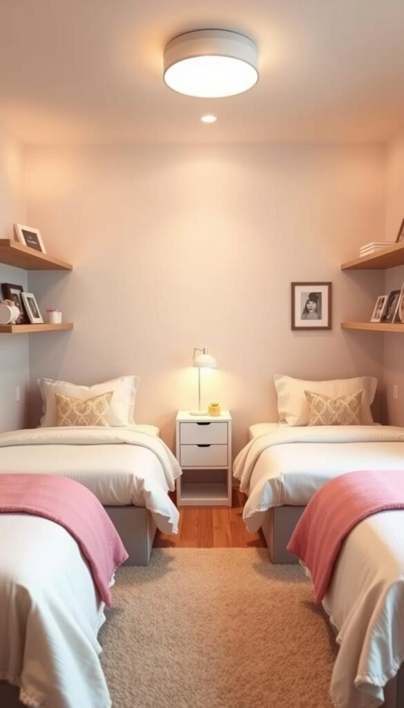 A cozy, well-designed girls' bedroom with two twin-sized beds arranged in a strategic layout. The beds are positioned parallel to each other, leaving ample walking space in the center. Warm, soft lighting illuminates the room, creating a peaceful, inviting atmosphere. The beds are dressed in coordinating bedding in pastel colors, and decorative pillows add visual interest. Floating shelves on the walls display personalized decor, reflecting the sisters' interests and personalities. A small, functional desk in the corner provides a dedicated study area. The overall layout maximizes the available space while maintaining a harmonious, organized feel.