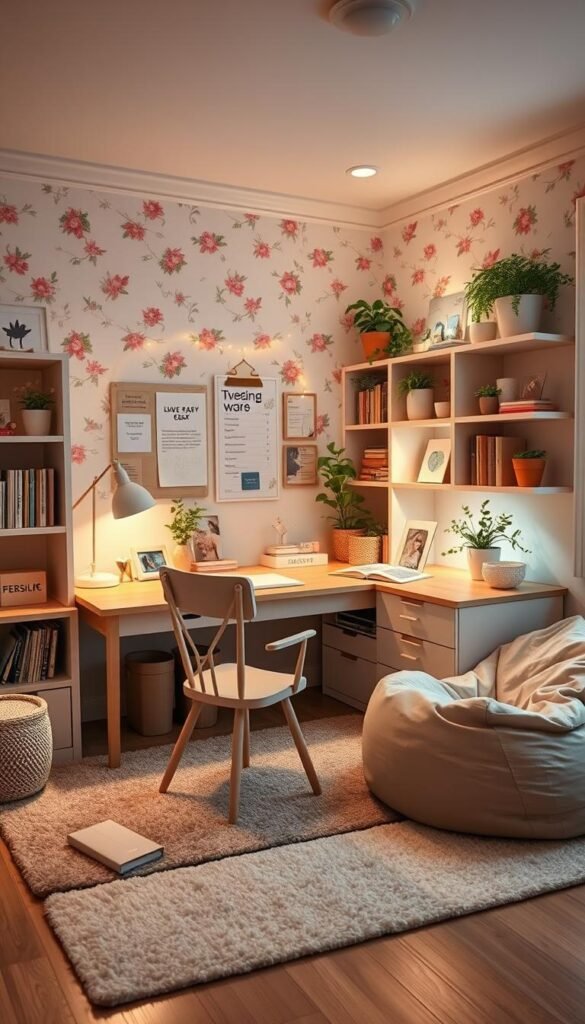A cozy, well-designed tween study space with a large, wooden desk, a comfortable chair, and ample shelving for books and personalized decor. Soft, ambient lighting from a floor lamp and string lights creates a warm, focused atmosphere. Pastel-colored accents, floral wallpaper, and a plush area rug add a touch of feminine flair. An inspirational mood board, potted plants, and a reading nook with a comfy bean bag chair complete the inviting, customized study area. The space reflects a budding sense of style and individuality, perfect for a tween's evolving tastes.