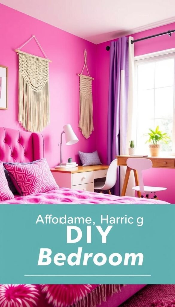 A cozy, well-lit DIY bedroom with a mix of affordable, handmade touches. In the foreground, a vibrant pink and purple color palette, featuring a plush rug, tufted headboard, and patterned throw pillows. In the middle ground, a wooden desk with a modern lamp and potted plant, alongside a DIY macrame wall hanging. The background showcases a large window, allowing natural light to fill the space and create a serene, relaxing atmosphere. The overall scene conveys a sense of personalized style and comfort, perfect for a girls' bedroom.