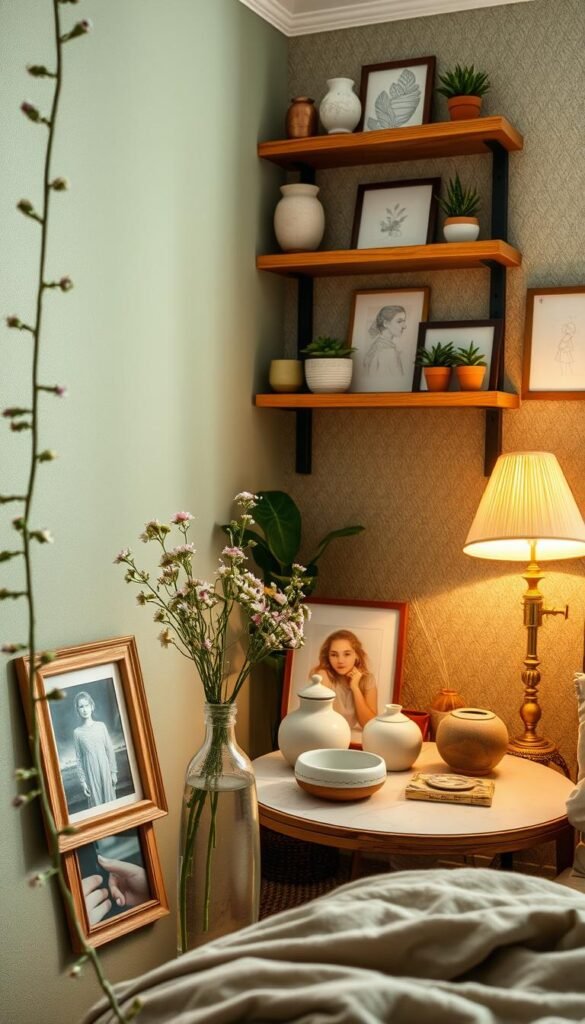 A cozy, well-lit bedroom adorned with an eclectic mix of artistic decor accessories. In the foreground, a delicate floral garland cascades over a wooden photo frame housing a cherished snapshot. Nearby, a handcrafted ceramic vase in soft, earthy tones holds a bouquet of vibrant wildflowers. In the middle ground, a vintage-inspired side table supports a marble-topped trinket dish, a ceramic incense burner, and an antique brass lamp casting a warm, ambient glow. The background features a textured, sage-colored accent wall, complemented by floating shelves displaying an assortment of artisanal ceramics, framed sketches, and potted succulents. The overall atmosphere exudes a serene, personalized charm, perfect for a young, creative spirit. A cozy, well-lit bedroom adorned with an eclectic mix of artistic decor accessories. In the foreground, a delicate floral garland cascades over a wooden photo frame housing a cherished snapshot. Nearby, a handcrafted ceramic vase in soft, earthy tones holds a bouquet of vibrant wildflowers. In the middle ground, a vintage-inspired side table supports a marble-topped trinket dish, a ceramic incense burner, and an antique brass lamp casting a warm, ambient glow. The background features a textured, sage-colored accent wall, complemented by floating shelves displaying an assortment of artisanal ceramics, framed sketches, and potted succulents. The overall atmosphere exudes a serene, personalized charm, perfect for a young, creative spirit.
