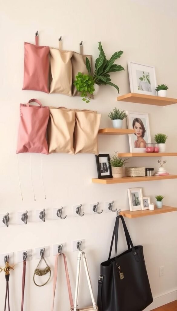 A cozy, well-lit bedroom wall showcasing a stylish arrangement of functional yet decorative wall storage. In the foreground, a grid of sleek metal hooks in an assortment of pastel hues, ideal for hanging bags, accessories, and trinkets. Behind them, a series of fabric-covered wall pockets in complementary colors, providing discreet and convenient storage space. The middle ground features a mix of natural wood shelves and floating ledges, adorned with potted plants, framed artwork, and other charming decorative pieces. The background consists of a soft, neutral-toned wall, creating a harmonious and visually appealing backdrop for this practical yet aesthetic storage solution.