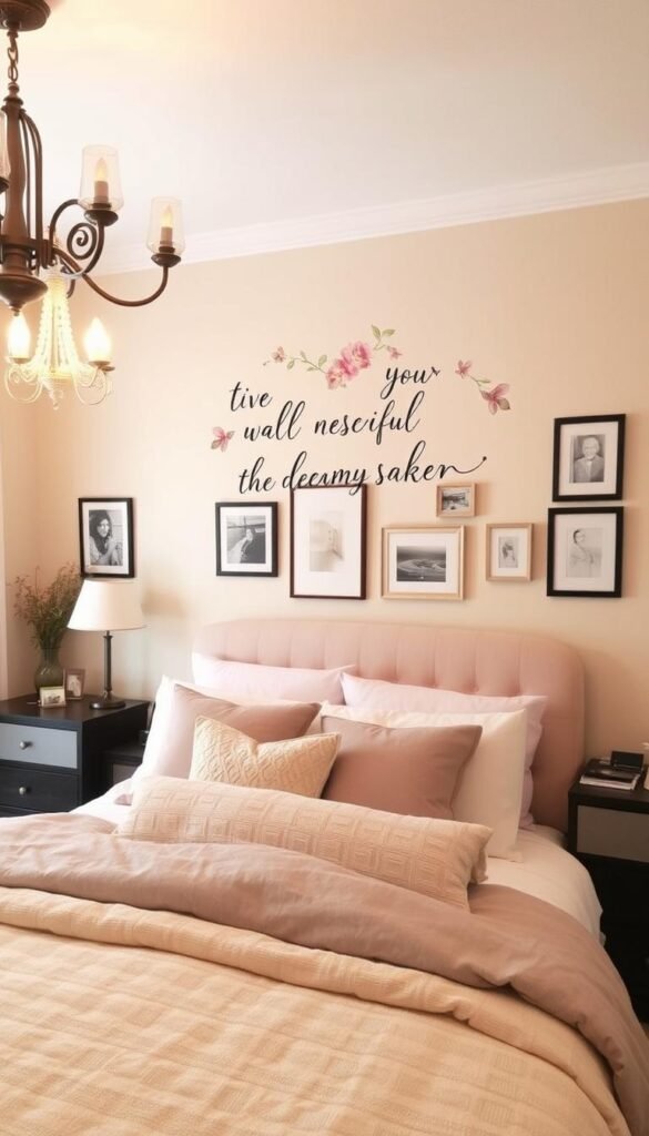 A cozy, well-lit bedroom with a soft, dreamy ambiance. In the foreground, a delicate, hand-painted wall quote design featuring a whimsical floral motif and a calligraphy-inspired script. The quote is inspirational and personal, reflecting the owner's unique style and personality. The middle ground showcases a comfy, inviting bed with plush bedding and pillows, complementing the warm, neutral color palette. In the background, a tasteful gallery wall with framed art and photographs creates a harmonious, personalized space. Soft, diffused lighting from a chandelier and sconces casts a gentle glow, enhancing the serene and intimate atmosphere.