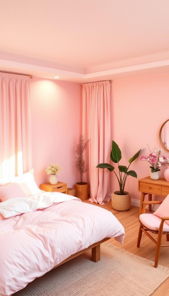 A cozy, well-lit bedroom with soft, pastel pink walls and an array of delicate pink hues throughout. Plush pink bedding, pillows, and curtains create a calming ambiance. Warm, directional lighting casts a gentle glow, accentuating the various shades of pink. Wooden furniture and a neutral-toned rug provide a harmonious balance. Lush potted plants and delicate floral decor add pops of natural color. The overall atmosphere is inviting, serene, and reflects a modern, feminine aesthetic.