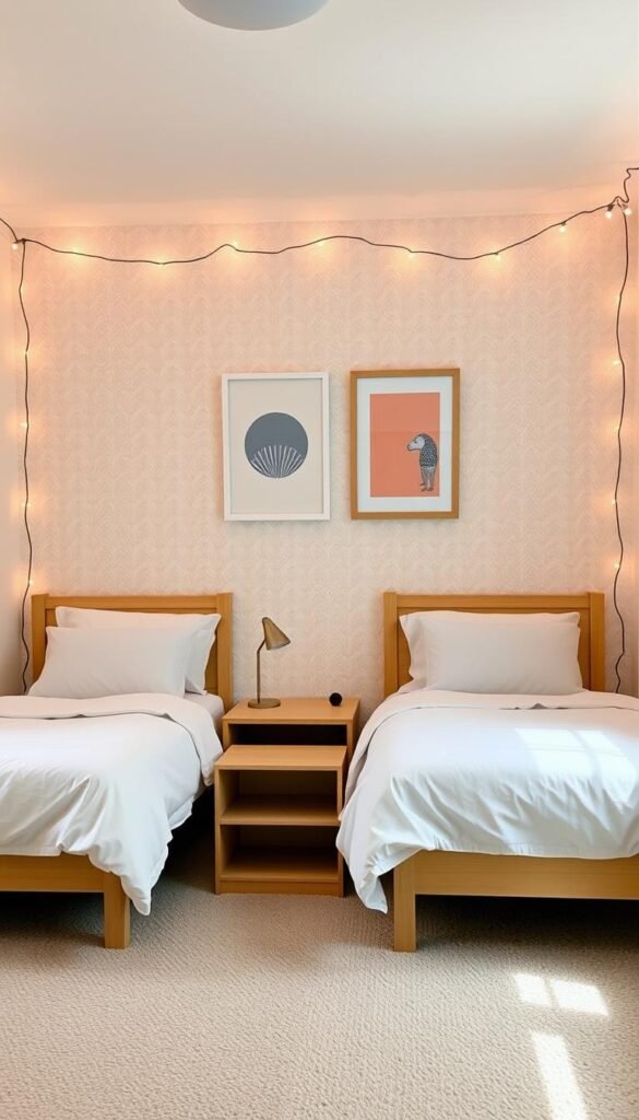 A cozy, well-lit children's bedroom with designated personal spaces for privacy. In the foreground, two twin-sized beds, each with a soft pastel-colored comforter and fluffy pillows. In the middle ground, a low bookshelf and a small desk, both in a natural wood finish, create a sense of division and individuality. Hanging above the desks, two framed artworks in complementary hues, reflecting the personal interests of each child. The background features a soft, neutral-toned wallpaper, accentuated by string lights draped along the ceiling, casting a warm, inviting glow. The overall atmosphere is one of comfort, creativity, and a harmonious balance between shared and private spaces.