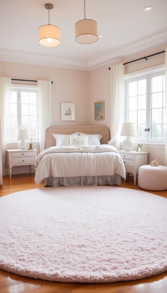 A cozy, well-lit girls' bedroom with a large, plush area rug in the center. The rug is a soft, pale pink hue with a subtle floral pattern, complementing the light, airy decor. The rug is sized perfectly to anchor the space, leaving just enough room around the edges to allow the hardwood flooring to peek through. Soft, diffused lighting from overhead fixtures creates a warm, inviting atmosphere, while large windows allow natural light to flood the room. The rug's size is proportionate to the room, neither too small nor too large, creating a harmonious and visually pleasing composition.