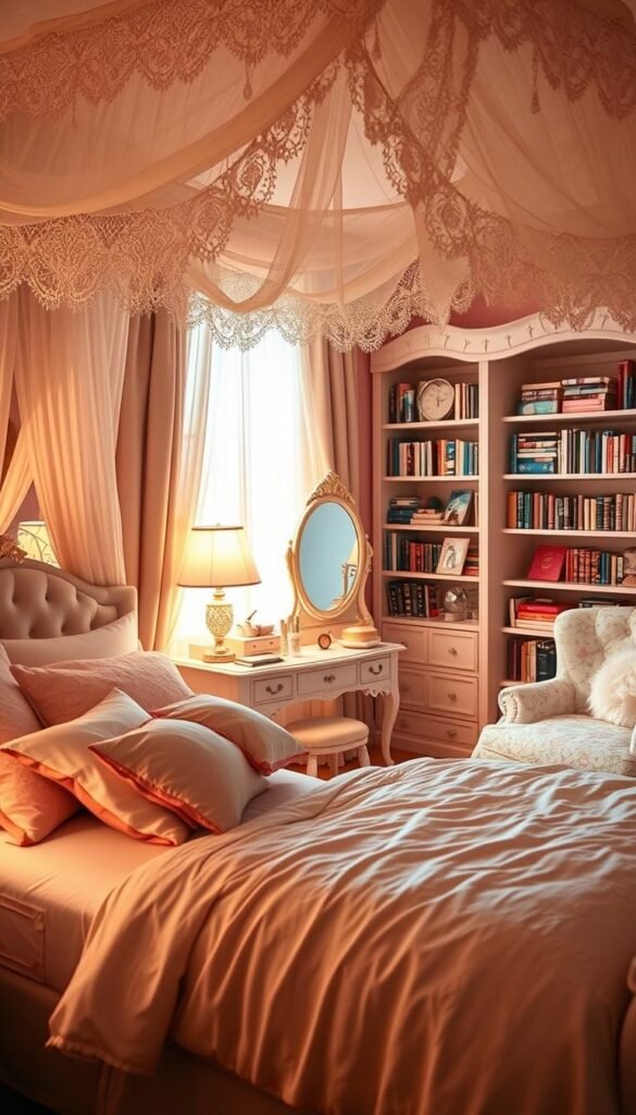 A cozy, well-lit girls' bedroom with a pastel color palette and whimsical, feminine decor. In the foreground, a plush, tufted canopy bed draped in delicate lace and accented with silky, floral-patterned bedding. On the nightstands, delicate crystal lamps cast a soft glow. The middle ground features a vintage-inspired vanity with a gilt-framed mirror and an assortment of beauty products. In the background, bookshelves filled with storybooks and a comfortable reading nook with a fluffy armchair. Warm, natural light filters through sheer curtains, creating a serene, inviting atmosphere.