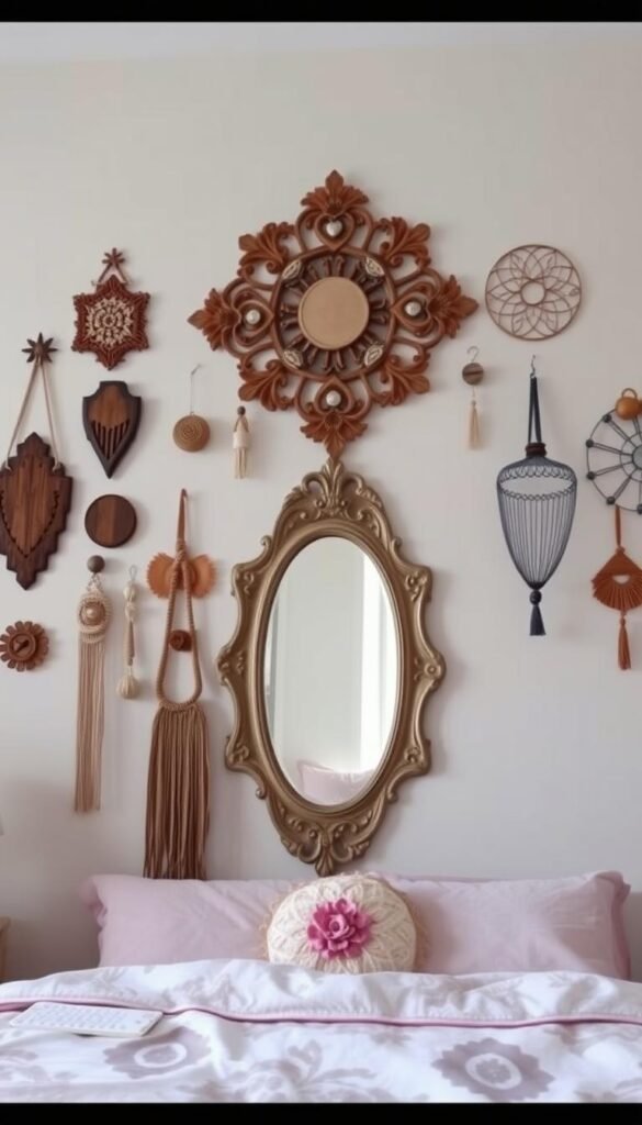 A cozy, well-lit girls bedroom with a stunning focal point on the wall. In the foreground, an eye-catching array of decorative wall hangings, featuring an elegant mix of textures and shapes - wooden plaques, macrame hangings, and whimsical wire sculptures. In the middle ground, a large, ornate mirror reflects the soft, diffused lighting, creating a sense of depth and dimension. In the background, a feature wall with a subtle, pastel-toned geometric pattern, adding visual interest and a touch of modern flair. The overall atmosphere is one of tranquility, creativity, and personal expression.