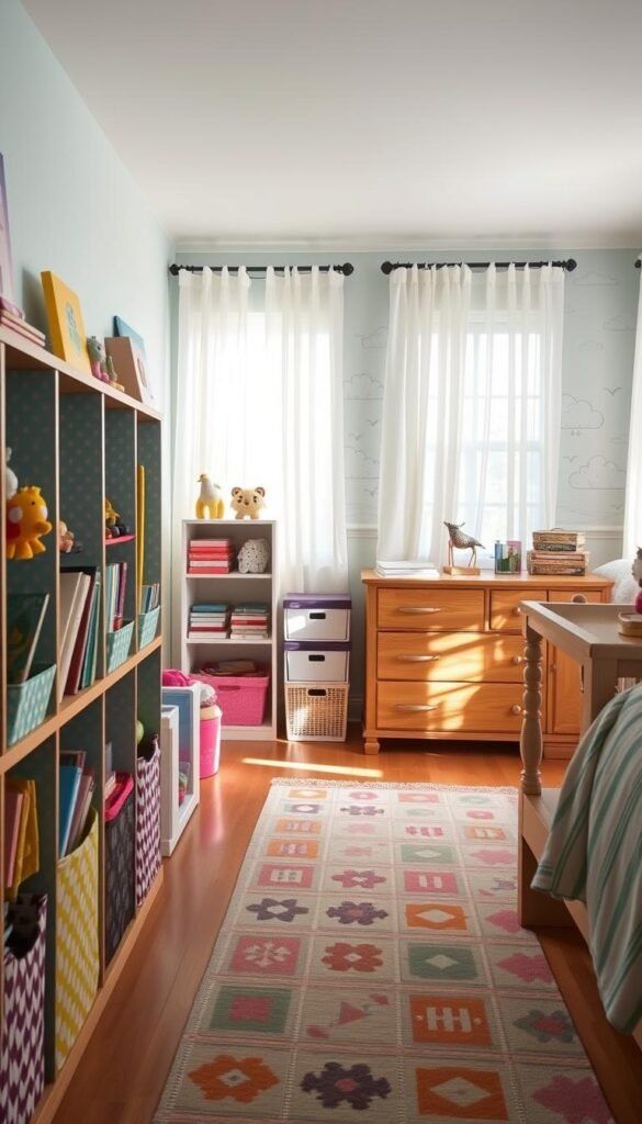 A cozy, well-lit girls' bedroom with a variety of creative storage solutions. In the foreground, colorful fabric-covered cubbies and floating shelves hold books, toys, and knick-knacks. In the middle ground, a large wooden dresser with unique drawer pulls and a playful, patterned rug add visual interest. The background features a whimsical wall mural of clouds and birds, complemented by sheer curtains that filter natural light. The overall atmosphere is bright, cheerful, and conducive to organization and imaginative play.