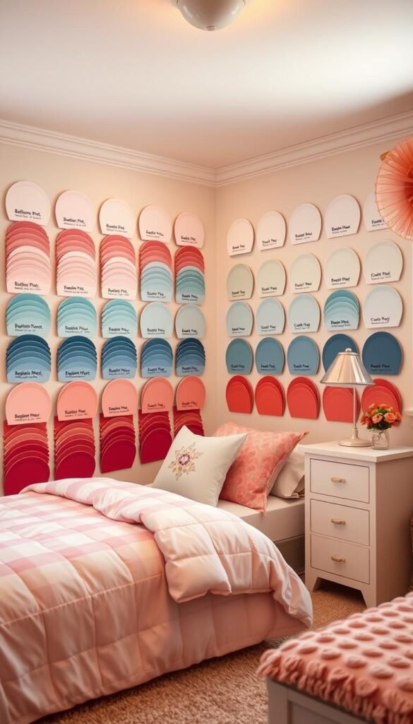 A cozy, well-lit girls bedroom with an array of Benjamin Moore paint color swatches artfully arranged on the walls. The colors range from soft, pastel hues like "Ballerina Pink" and "Misty Aqua" to bolder shades like "Enchanted Forest" and "Coral Reef". The swatches are displayed in a visually appealing layout, creating a harmonious color palette that captures the latest color trends for a girls' bedroom in 2025. The lighting is warm and inviting, highlighting the depth and richness of the paint colors. The scene conveys a sense of sophistication and femininity, perfect for inspiring readers' bedroom design ideas.