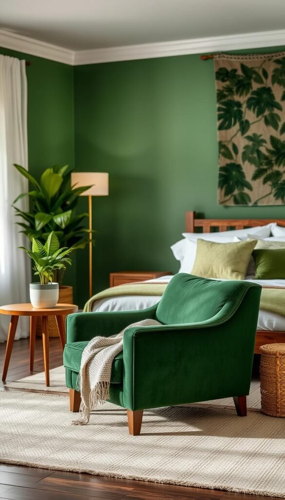 A cozy, well-lit green bedroom with lush foliage-inspired accents. In the foreground, a plush velvet armchair in a verdant hue, complemented by a wooden side table displaying a potted plant and a textured woven throw. In the middle ground, a wooden bed frame with crisp white bedding, adorned with throw pillows in various shades of green. The background features a tall, leafy houseplant in the corner, and a nature-inspired wall hanging or tapestry that ties the room's earthy palette together. Soft, warm lighting from a floor lamp and bedside table lamps creates a serene, tranquil atmosphere.