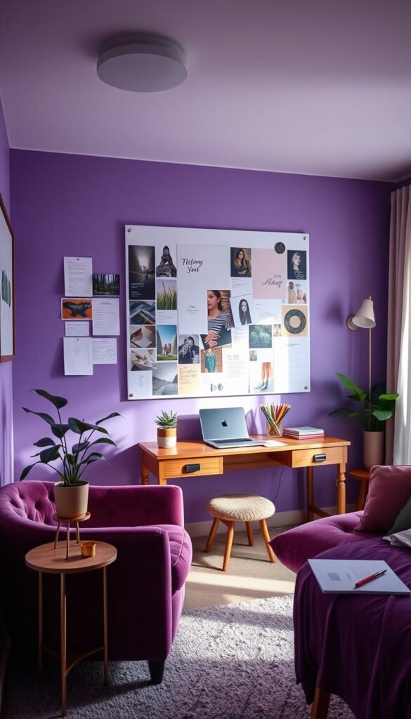 A cozy, well-lit purple bedroom with a large mood board on the wall, featuring inspirational images, color swatches, and handwritten notes. In the foreground, a plush velvet armchair and a side table with a potted plant. Soft, indirect lighting illuminates the scene, creating a serene and contemplative atmosphere. The middle ground showcases a wooden desk with a laptop, colored pencils, and a sketchpad, hinting at the creative process behind the vision board. The background reveals airy, flowing curtains and a glimpse of a window, allowing natural light to filter in and complete the calming, introspective vibe.