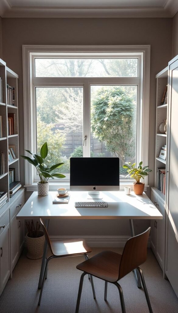A cozy, well-lit room with a large window overlooking a tranquil, sun-dappled backyard. Soft natural light filters through the glass, illuminating a workspace with a sleek, minimalist desk. Framed by bookshelves and plants, the desk is a focal point, inviting close inspection. The room's neutral color palette and clean lines create a serene, conducive environment for focused study. A desktop computer, stationery, and a cup of coffee sit neatly arranged, hinting at a productive, thoughtful approach to work. The overall atmosphere is one of calm, clarity, and intentional design, reflecting the needs of a dedicated student. A cozy, well-lit room with a large window overlooking a tranquil, sun-dappled backyard. Soft natural light filters through the glass, illuminating a workspace with a sleek, minimalist desk. Framed by bookshelves and plants, the desk is a focal point, inviting close inspection. The room's neutral color palette and clean lines create a serene, conducive environment for focused study. A desktop computer, stationery, and a cup of coffee sit neatly arranged, hinting at a productive, thoughtful approach to work. The overall atmosphere is one of calm, clarity, and intentional design, reflecting the needs of a dedicated student.