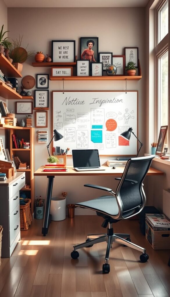A cozy, well-lit study nook with a modern, ergonomic desk and a comfortable chair. In the background, a vibrant creative zone with an array of art supplies, sketches, and a large inspiration board. Soft, natural lighting filters through large windows, casting a warm glow. On the desk, a laptop, a few books, and a small potted plant add a touch of greenery. The walls are adorned with shelves displaying an eclectic mix of decorative items, framed artwork, and inspiring quotes. The overall atmosphere is one of focus, creativity, and a sense of personal expression.
