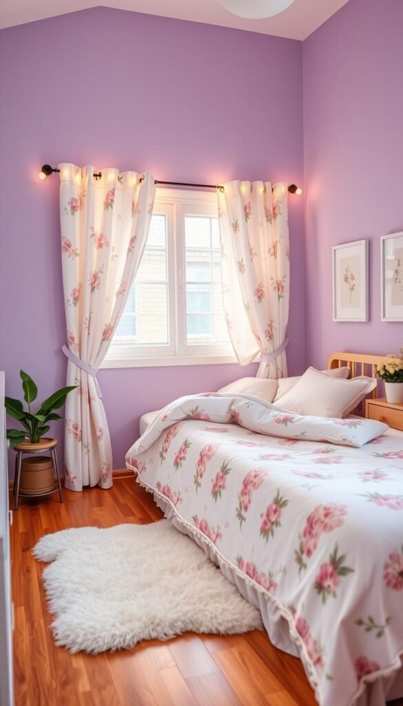 A cozy, well-lit teen girl's bedroom with a serene, pastel color palette. The bedroom features a soft lavender accent wall, accented by delicate floral patterns on the bedding and curtains in shades of pink, peach, and mint. A fluffy white rug covers the hardwood floor, while string lights draped across the headboard cast a warm, ambient glow. Framed artwork and plants add pops of greenery, complementing the overall calming and harmonious atmosphere. The camera angle captures the room in a slightly elevated perspective, showcasing the inviting and visually appealing space.