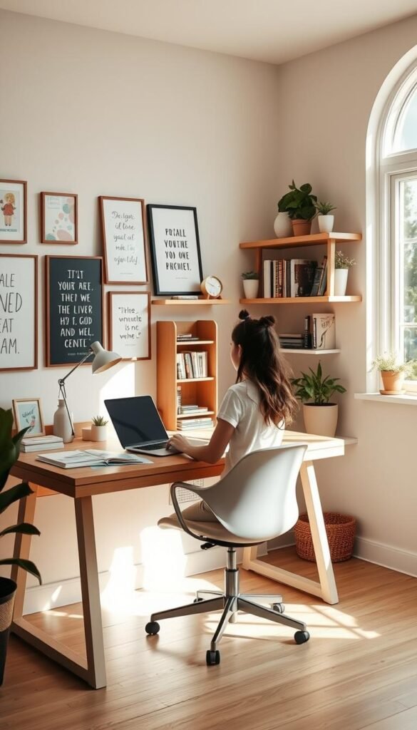 A cozy, well-lit teen girl's study zone, bathed in soft natural light from a large window. A modern, minimalist wooden desk with a comfortable swivel chair and ample space for books, a laptop, and stationery. Framed artwork and inspirational quotes adorn the walls, creating an inviting and motivational atmosphere. Shelves filled with books, plants, and personal trinkets line the background, adding a touch of personality. The room has a warm, neutral color palette with accents of pastel tones, reflecting the girl's youthful and creative spirit. The overall setting is both functional and aesthetically pleasing, encouraging focused study and self-expression.