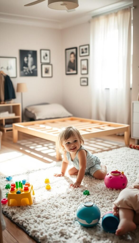 A cozy, well-lit toddler's room undergoing a thoughtful transition. In the foreground, a young girl plays with colorful toys on a plush rug, her expression delighted. The middle ground showcases a partially assembled new bed frame, symbolizing the room's evolution. Soft lighting filters through sheer curtains, casting a warm, inviting glow. In the background, a gallery wall displays framed artwork and family photographs, reflecting the room's personal touch. The overall atmosphere conveys the importance of adapting a child's space as they grow, fostering a sense of comfort, creativity, and cherished memories.