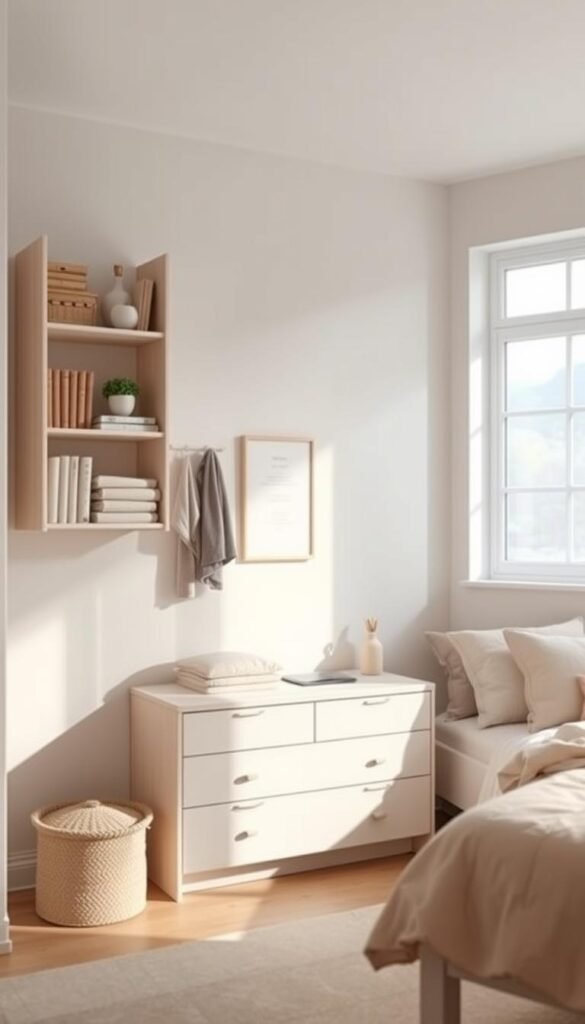 A cozy, well-organized Scandinavian-style girls' bedroom with minimalist, clutter-free storage solutions. The foreground showcases a wall-mounted shelving unit displaying decorative items, books, and neatly folded textiles. In the middle ground, a low, built-in dresser with streamlined drawers provides ample storage space. The background features a large, airy window with soft, diffused natural lighting, illuminating the serene, pastel-toned room. The overall atmosphere is calming, inviting, and conducive to productivity and relaxation.