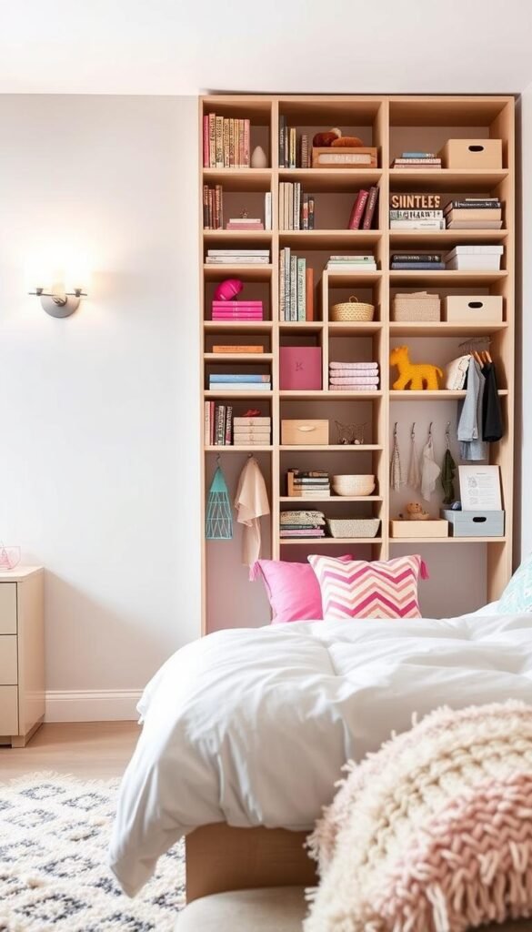 A cozy, well-organized girl's bedroom featuring a vertical wall storage system. The foreground showcases a tall, slender shelving unit with numerous compartments, cubbies, and hooks, allowing for efficient storage of books, toys, and personal items. Soft, diffused lighting from wall-mounted sconces creates a warm, inviting atmosphere. In the middle ground, a neutral-toned bedframe and fluffy bedding add a touch of comfort, while vibrant, patterned throw pillows and a plush area rug bring in pops of color. The background features a clean, whitewashed wall, emphasizing the vertical storage's functionality and the room's overall simplicity and elegance.