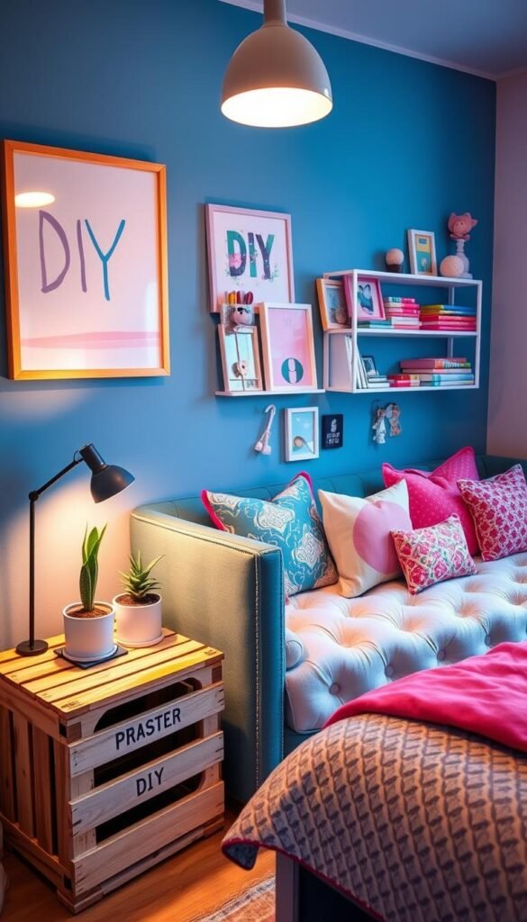 A cozy, well-organized girls' bedroom with vibrant splashes of blue and pink hues. In the foreground, a repurposed wooden crate serves as a nightstand, its surface adorned with a potted plant and a stylish table lamp. Framed DIY wall art in pastel tones hangs above, complementing the room's color scheme. In the middle ground, a plush, tufted daybed provides a comfortable seating area, surrounded by an array of colorful, patterned throw pillows. The background showcases a wall-mounted shelving unit, housing an eclectic mix of decorative accents, books, and personal keepsakes. Warm, diffused lighting from a pendant fixture illuminates the space, creating a welcoming and charming atmosphere.
