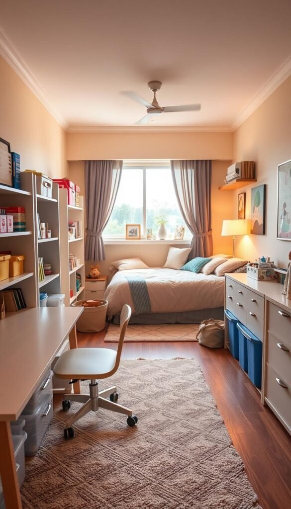 A cozy, well-organized kids' bedroom, with a warm and inviting atmosphere. In the foreground, a neatly arranged desk, shelves, and storage containers, showcasing effective decluttering and organization techniques. The middle ground features a comfortable bed with plush bedding, surrounded by playful wall decor and soft lighting. In the background, a large window allows natural light to filter in, creating a serene and calming ambiance. The overall scene exudes a sense of tranquility and efficiency, perfectly capturing the essence of a decluttered and organized space for a young occupant.