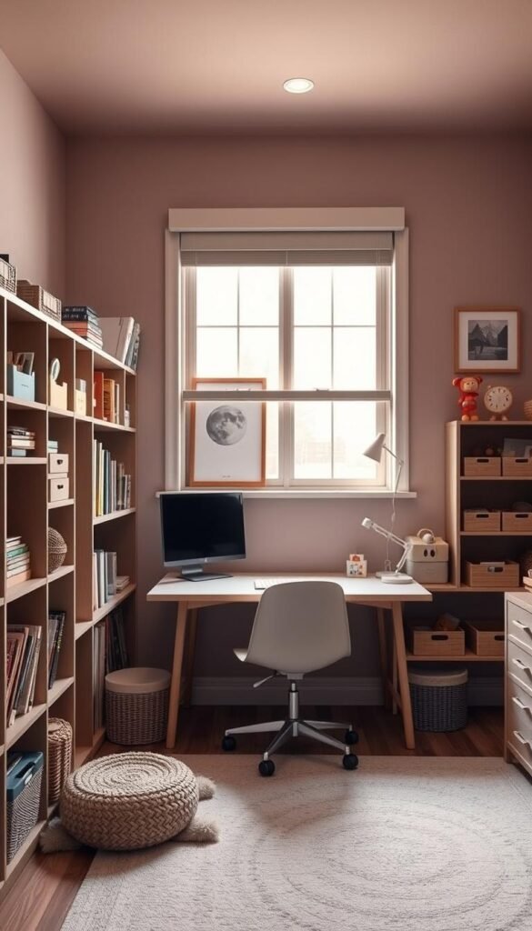 A cozy, well-organized kids' room with smart storage solutions that inspire tidiness and productivity. In the foreground, a mix of open shelving, cubbies, and decorative baskets showcase books, toys, and personal items. The middle ground features a practical desk setup with a modern chair and hidden cable management. Soft, diffused lighting from a large window illuminates the scene, casting a warm, soothing glow. The background showcases tasteful wall art and decor that complement the mauve color palette, creating a harmonious and visually appealing space.