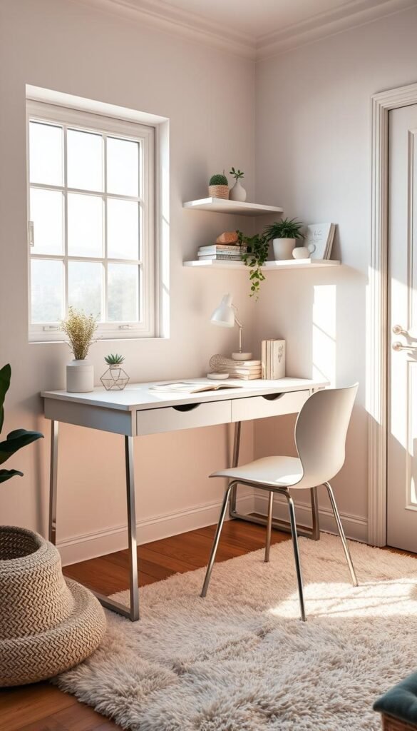 A cozy, well-organized study area with a stylish, minimal desk in a bright, airy girl's bedroom. The desk features a clean, white surface, slim metal legs, and a single drawer for storage. Behind it, a large window floods the space with natural light, casting a warm glow. Floating shelves on the wall hold decorative objects, plants, and a few books. A plush area rug and a comfy desk chair complete the functional yet visually appealing setup. The overall mood is one of productivity and tranquility, perfect for focused study and creative work. A cozy, well-organized study area with a stylish, minimal desk in a bright, airy girl's bedroom. The desk features a clean, white surface, slim metal legs, and a single drawer for storage. Behind it, a large window floods the space with natural light, casting a warm glow. Floating shelves on the wall hold decorative objects, plants, and a few books. A plush area rug and a comfy desk chair complete the functional yet visually appealing setup. The overall mood is one of productivity and tranquility, perfect for focused study and creative work.