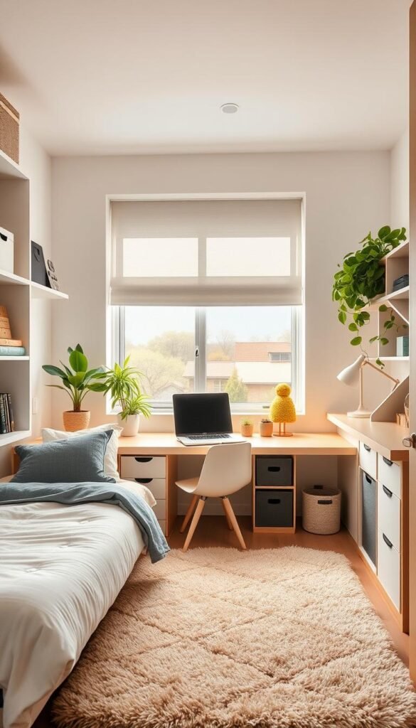 A cozy, well-organized teen bedroom with smart storage solutions. The bright, airy space features a meticulously curated mix of minimalist shelving, neatly arranged storage bins, and a floating desk with hidden compartments. Soft, diffused lighting casts a warm glow, complemented by a plush, patterned rug and lush, green potted plants that add pops of color. The room exudes a sense of tranquility and productivity, perfectly suited for a teenager looking to maximize their limited space with stylish, functional design.
