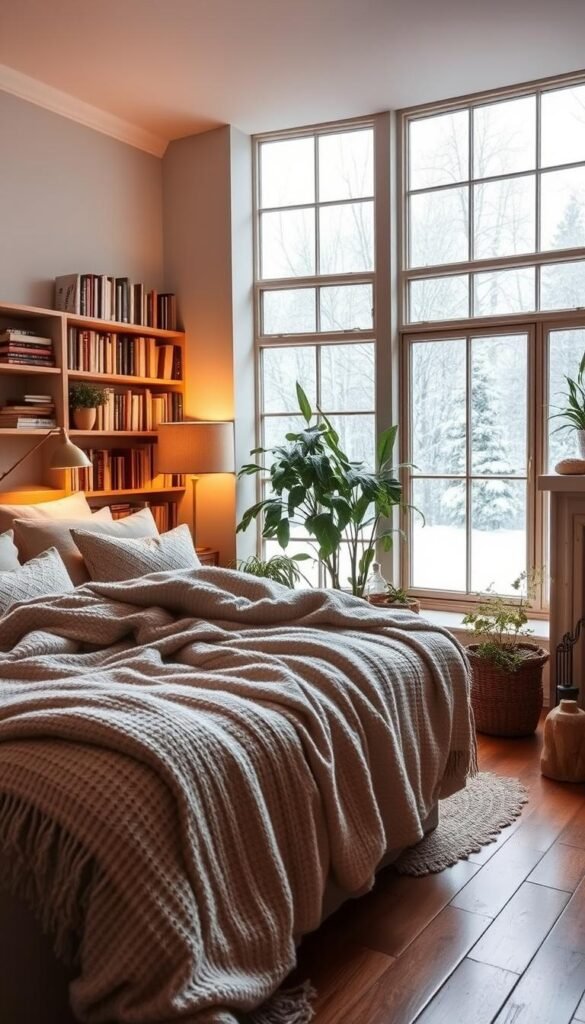 A cozy winter bedroom, with a plush bed draped in soft, woven blankets and plump pillows. Warm lighting from a brass floor lamp casts a gentle glow, complemented by the flickering flames of a fireplace in the corner. Bookshelves line the walls, their spines hinting at countless tales. Lush, green houseplants add a touch of life, while a large window offers a view of a snow-covered landscape outside. The atmosphere is serene and inviting, a haven from the chill of winter, perfectly suited for a cozy girls' retreat.