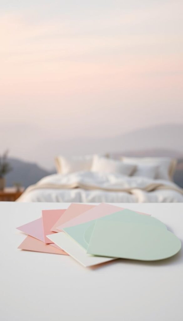 A delicate and dreamy color palette of soft pastel hues. In the foreground, an assortment of paint samples in shades of pink, lavender, and mint green, artfully arranged on a white background. The middle ground features a muted, slightly out-of-focus bedroom scene, with a plush bedding set and fluffy pillows in complementary pastel tones. The background is a hazy, ethereal landscape of rolling hills and a tranquil, pastel-tinted sky, bathed in a warm, diffused lighting that lends an atmosphere of peaceful serenity. The overall mood is one of tranquility, comfort, and a sense of calm, inviting the viewer to envision a soothing, pastel-inspired bedroom retreat.