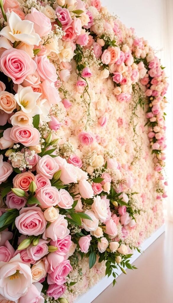 A delicate, enchanting floral wall design featuring a lush, vibrant array of blooms in soft, pastel hues. In the foreground, a stunning bouquet of peonies, roses, and lilies cascades down the wall, their petals delicately unfurling. The middle ground showcases a harmonious arrangement of trailing vines and delicate sprigs of baby's breath, creating a sense of movement and depth. In the background, a soft, hazy mist of light filters through, casting a warm, ethereal glow and imbuing the scene with a dreamlike, romantic atmosphere. Captured with a wide-angle lens, the composition emphasizes the wall's elegant, sweeping curves, inviting the viewer to step into this serene, floral oasis. A delicate, enchanting floral wall design featuring a lush, vibrant array of blooms in soft, pastel hues. In the foreground, a stunning bouquet of peonies, roses, and lilies cascades down the wall, their petals delicately unfurling. The middle ground showcases a harmonious arrangement of trailing vines and delicate sprigs of baby's breath, creating a sense of movement and depth. In the background, a soft, hazy mist of light filters through, casting a warm, ethereal glow and imbuing the scene with a dreamlike, romantic atmosphere. Captured with a wide-angle lens, the composition emphasizes the wall's elegant, sweeping curves, inviting the viewer to step into this serene, floral oasis.