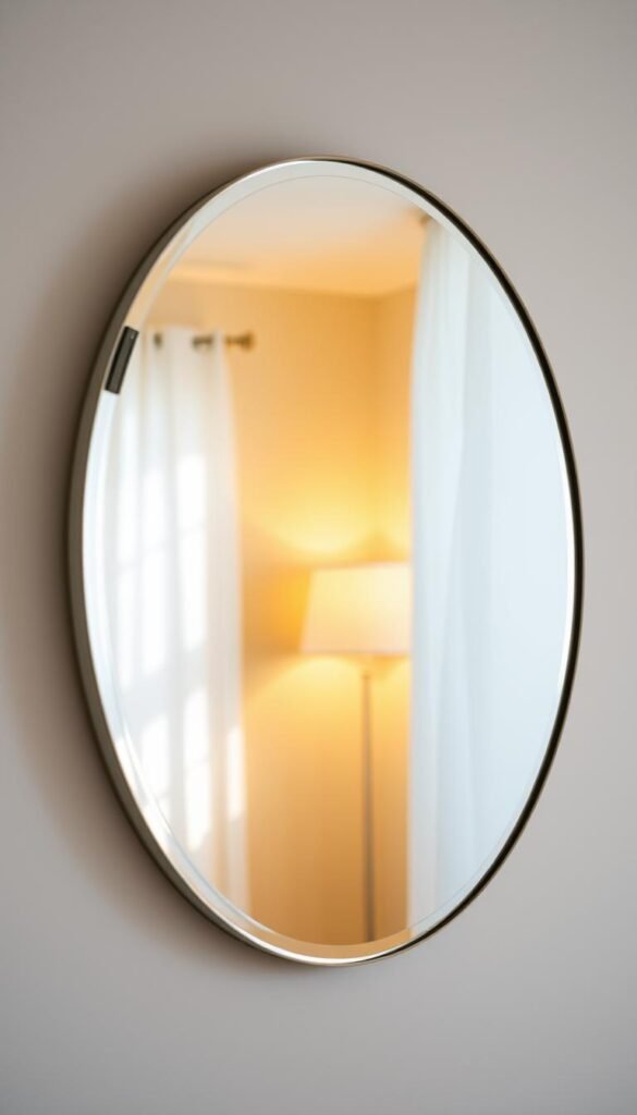 A detailed, well-lit wall mirror reflecting the warm glow of a soft, diffused overhead light, creating a serene and inviting atmosphere. The mirror's surface is smooth and clear, capturing a crisp, high-resolution reflection that subtly amplifies the natural light, filling the room with a gentle, luminous ambiance. The mirror's frame is minimal and modern, allowing the light reflection to take center stage. The scene conveys a sense of tranquility and relaxation, perfectly suited for a cozy bedroom setting.