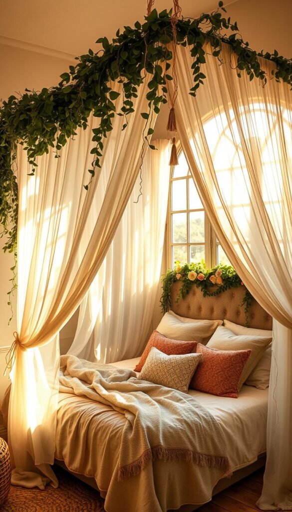 A dreamy, boho-chic canopy bed with sheer, flowing curtains and a lush, verdant garland of fairy lights cascading overhead. The bed is positioned in a cozy, sun-dappled nook, with warm, golden light filtering in through large, arched windows. Soft, textured bedding in earthy tones invites relaxation, while delicate floral accents and woven textures add to the serene, whimsical ambiance. The overall mood is one of tranquil, romantic escapism - a true focal point for a boho-inspired girls' bedroom.