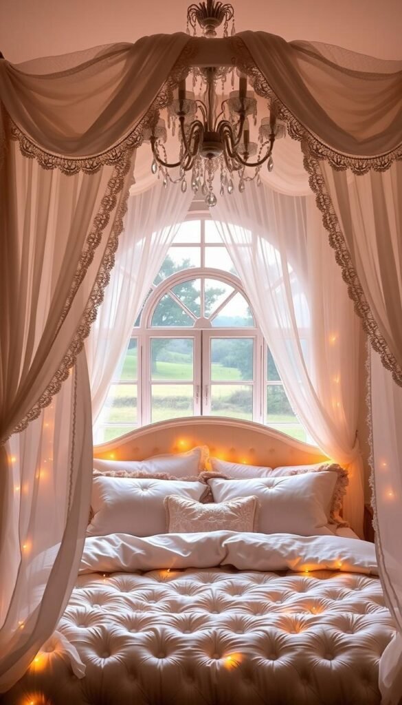 A dreamy canopy bed with soft, billowing curtains in a whimsical girls' bedroom. Delicate lace and sheer fabrics cascade from the ornate canopy, creating an enchanting, cloud-like atmosphere. Lush velvet pillows and a plush, tufted comforter invite you to sink into the ultimate cozy sanctuary. Warm, diffused lighting from a crystal chandelier casts a romantic glow, while shimmering fairy lights twinkle around the bed's perimeter. The scene is framed by an arched window overlooking a pastoral landscape, hinting at the dreamlike world beyond. This canopy bed design evokes a sense of whimsy and wonder, perfect for a young, imaginative mind.
