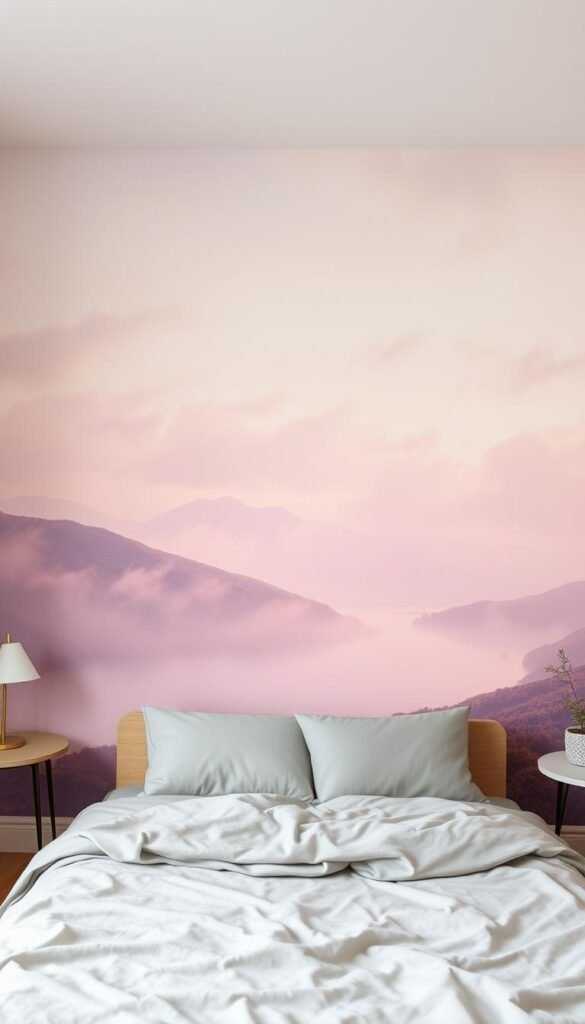 A dreamy, pastel-toned bedroom wall mural, featuring a tranquil landscape with a hazy, ethereal quality. The scene depicts a serene lake surrounded by rolling hills and wispy clouds, bathed in soft, diffused lighting that creates a sense of calm and relaxation. The mural has a painterly, impressionistic style, with blended colors and subtly textured brushstrokes that add depth and dimension to the image. The overall effect is soothing and inviting, creating a focal point that sets the tone for the entire bedroom space.