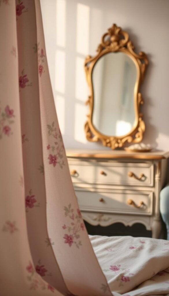 A dreamy vintage color palette, bathed in soft, warm light. In the foreground, delicate floral patterns in muted tones of pink, lavender, and dusty blue dance across a linen fabric. The middle ground showcases an ornate antique mirror, its gilded frame reflecting the hazy glow. In the background, a weathered wooden dresser stands, its weathered patina complementing the overall vintage aesthetic. Subtle shadows and a slightly hazy, nostalgic atmosphere permeate the scene, evoking a sense of timeless elegance and charming nostalgia.