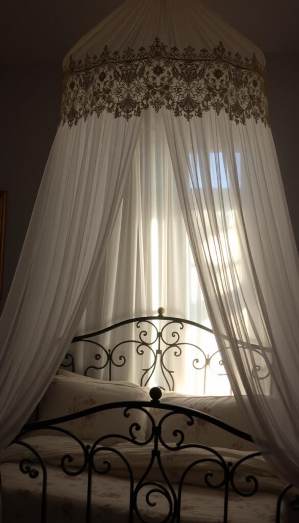 A fairytale bed canopy, delicate and ethereal, hovers gracefully above an ornate wrought-iron bedframe. Wispy chiffon curtains cascade down, creating a soft, romantic ambiance. The canopy's intricate lace detailing and shimmering embroidered flowers evoke a sense of timeless enchantment. Muted lighting filters through the sheer fabric, casting a warm, gentle glow that envelops the cozy space. The bedding is plush and inviting, adorned with delicate floral patterns that complement the canopy's design. The overall effect is one of whimsical fantasy, a retreat into a dreamlike world where the boundaries between reality and imagination blur.
