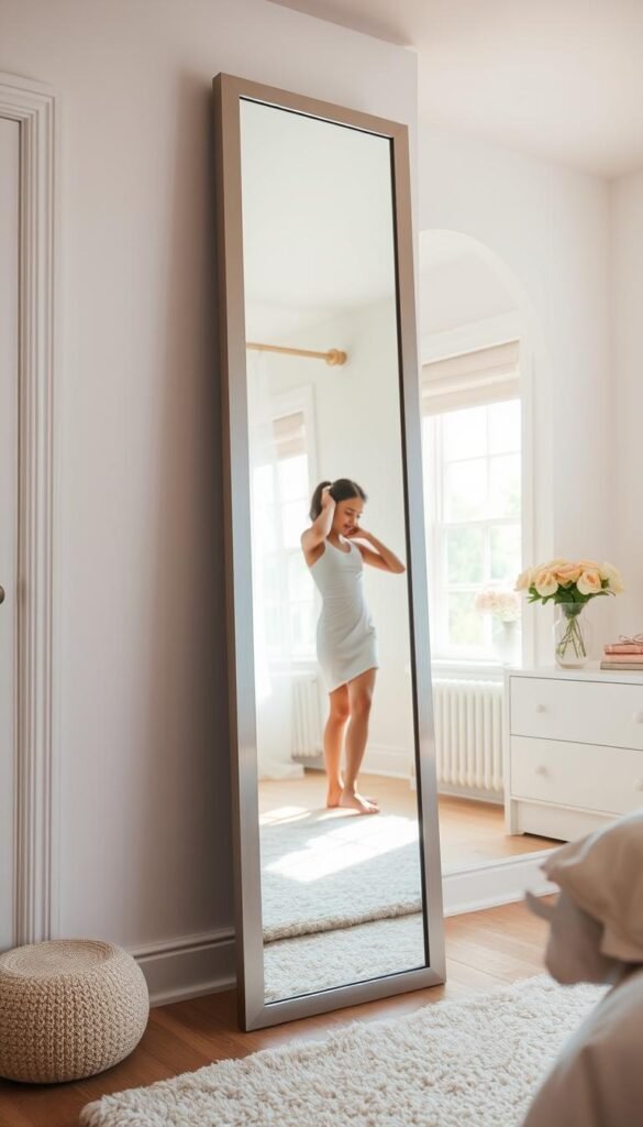 A full-length mirror with a sleek, modern design, standing tall in a bright, airy girl's bedroom. The mirror is framed in a minimalist, brushed silver finish, reflecting the natural light streaming through the large windows. The room is decorated in soft pastel tones, with a plush rug and tasteful, feminine accents. The mirror is positioned at an angle, capturing the room's inviting atmosphere and allowing the girl to admire her outfit from every angle. The lighting is soft and diffused, creating a warm, welcoming ambiance. The mirror's proportions are carefully selected to complement the room's dimensions, offering a stylish and functional focal point.