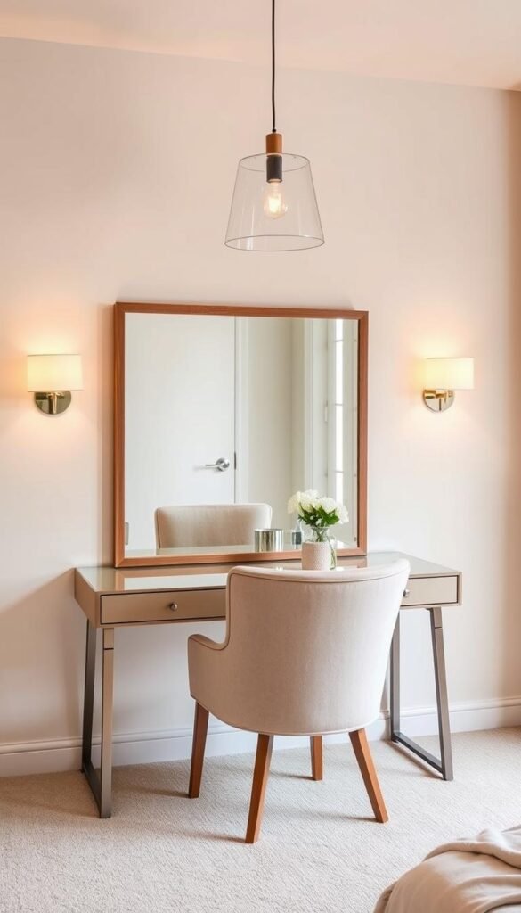 A functional vanity setup with a large mirror and an elegant, plush chair in a well-lit, minimalist bedroom. The mirror has a sleek, wooden frame and is mounted at the perfect height for comfortable grooming. The chair is upholstered in a soft, neutral fabric, inviting the user to sit and enjoy the ritual of getting ready. Warm, diffused lighting from wall sconces and a central pendant fixture creates a cozy, relaxing ambiance, highlighting the vanity's practical features. The overall scene exudes a sense of tranquility and thoughtful design, reflecting the "must-have vanity features for functionality" in a girl's bedroom.