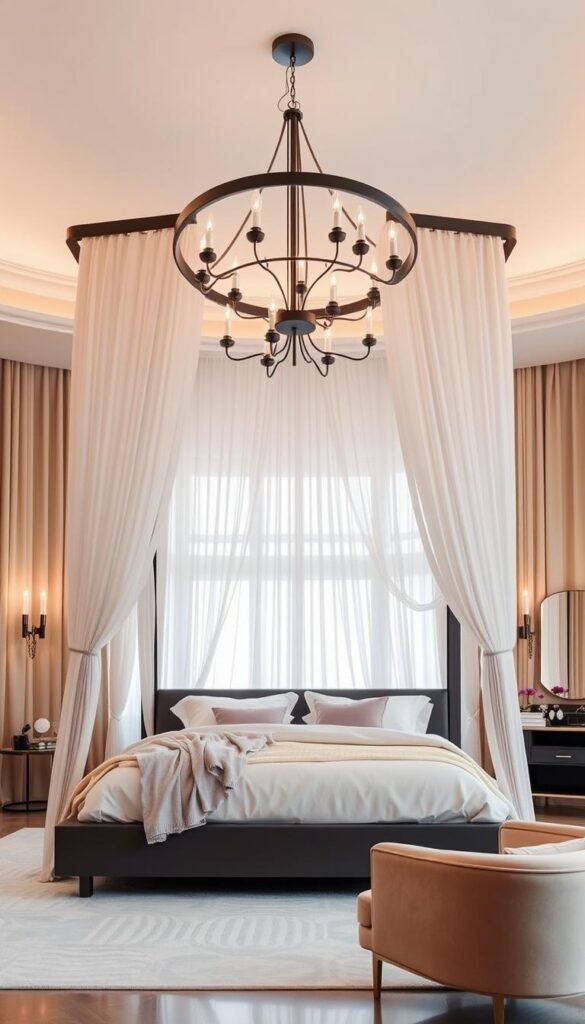 A grand, modern canopy bed with a sleek, minimalist design. The bed frame features clean, angular lines in a dark, matte finish, complemented by sheer, flowing fabric panels cascading from the ceiling. The bedding is a mix of soft, pastel hues - pinks, lavenders, and whites - creating a serene, feminine atmosphere. Warm, indirect lighting from sconces and a large, modern chandelier overhead casts a gentle glow, while floor-to-ceiling windows allow natural light to flood the space. The room is furnished with elegant, contemporary pieces, including a plush armchair and a sleek, mirrored vanity table. The overall aesthetic blends modern elegance with a touch of whimsy, evoking a princess-like, yet sophisticated vibe.