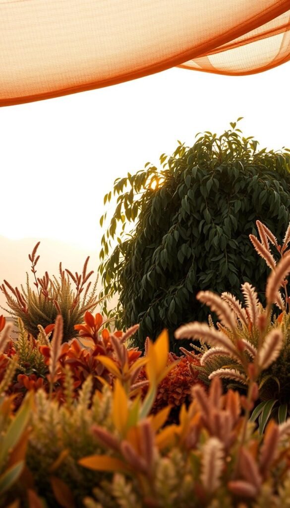 A harmonious and earthy color palette fills the frame, evoking a serene and natural ambiance. In the foreground, a diverse arrangement of terracotta, mustard, olive, and russet hues create a visually striking tapestry, seamlessly blending together. The middle ground showcases a lush, verdant vegetation, with cascading leaves and textured foliage that add depth and vibrancy to the scene. In the background, a muted, hazy sky sets the perfect mood, casting a warm, golden glow that envelops the entire composition. The lighting is soft and diffused, creating a sense of tranquility and comfort. The overall aesthetic is reminiscent of a boho-inspired retreat, radiating an inviting and soothing atmosphere.