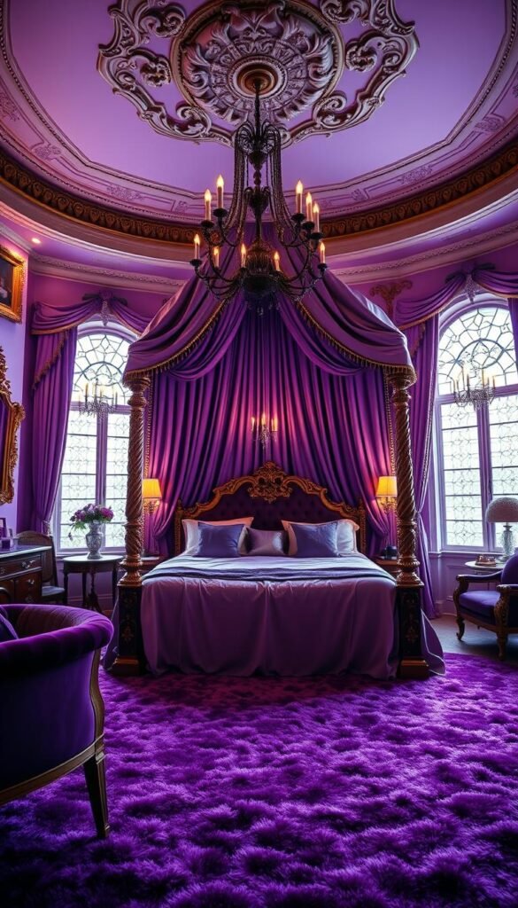 A lavish, regal purple bedroom with a grand canopy bed as the centerpiece, adorned with luxurious satin and velvet fabrics. The room is bathed in warm, ambient lighting, creating a cozy, opulent atmosphere. Intricate crown molding and ornate chandeliers add a touch of elegance, while plush purple rugs and pillows provide a soft, inviting texture. Ornate, gilded picture frames and antique furniture pieces contribute to the timeless, sophisticated aesthetic. Large, ornate windows allow natural light to filter in, casting a gentle glow throughout the space. The overall design exudes a sense of luxury and grandeur, perfect for a young royal's dream bedroom.