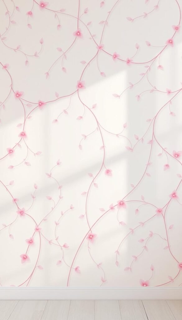 A lush, dreamy wallpaper with soft, pastel hues and whimsical floral motifs, creating a serene and enchanting atmosphere for a statement wall in a pastel-themed girl's bedroom. The pattern features delicate, intertwining vines, flowers, and leaves in muted shades of pink, lavender, and mint, giving the impression of a sun-dappled garden. The design has a hazy, ethereal quality, with a slightly blurred, watercolor-like effect that adds to the dreamlike quality. The lighting is soft and diffused, casting a warm, gentle glow that enhances the calming, soothing ambiance. The wallpaper fills the frame, creating a captivating and immersive visual experience that perfectly complements the pastel-inspired decor.