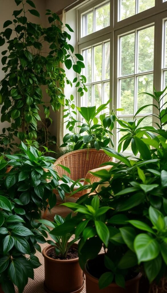 A lush, verdant bedroom with natural light filtering through large windows, revealing a harmonious arrangement of thriving potted plants. The foreground features an assortment of leafy, vibrant houseplants in varying sizes and shapes, their foliage cascading gracefully. In the middle ground, a wicker chair is nestled amidst the greenery, inviting relaxation. The background showcases a serene, earthy color palette, with subtle textures on the walls and soft, diffused lighting that creates a calming, nature-inspired ambiance. The overall scene conveys a sense of tranquility, balance, and a seamless integration of the outdoors into the personal living space.