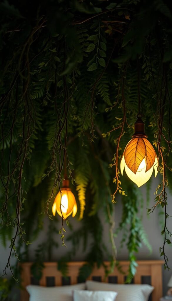 A lush, verdant forest canopy frames a cozy bedroom scene. Delicate, trailing vines and ferns drape gracefully from rustic evergreen lighting fixtures, casting a warm, gentle glow. Overhead, a pair of whimsical, leaf-shaped pendant lamps create a sense of natural wonder, their organic forms echoing the foliage all around. Soft, diffused lighting illuminates the room, creating an enchanting, serene atmosphere perfect for a growing girl's sanctuary. The lighting solution blends seamlessly with the earthy, botanical decor, radiating a timeless, nurturing energy that will evolve alongside its inhabitant.